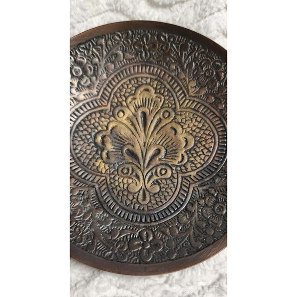 BEAUTIFUL Vintage 3pc BRONZE AntiqueBrass ETCHED 5"TrinketBox Lid 4"Saucer INDIA - Picture 6 of 16